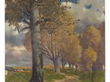 une image représentant un tableau montrant des arbres dans un champ, avec le ciel en arrière-plan