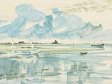 a painting of boats on the water with clouds in the sky