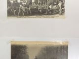 two old black and white photos of people and animals on a street
