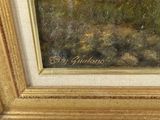 an oil painting of a farm scene with cows grazing in a field