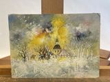 an oil painting of a church in the snow on a wooden easel