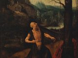 un tableau représentant un homme avec un chien dans un environnement boisé