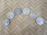 several quarters of silver coins arranged in a row on a woven surface