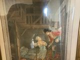 framed picture of a painting of a woman and a man in a barn