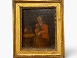 an old painting of a woman holding a vase in a gold frame
