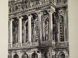 drawing of a large building with a clock on the top of it