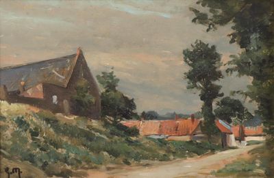 tableau représentant une route de campagne avec une église au loin et des personnes marchant sur le bord de la route