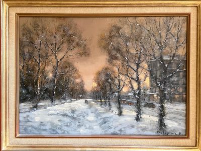 une peinture à l'huile représentant un paysage enneigé avec des arbres au premier plan