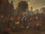 painting of a market scene with a man selling fruit and vegetables