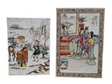 paire de peintures sur porcelaine chinoise représentant des femmes et des chevaux dans un paysage