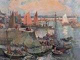 peinture représentant une scène de port avec des bateaux et des personnes dans l'eau