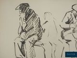 a drawing of a man sitting on a bench next to another man
