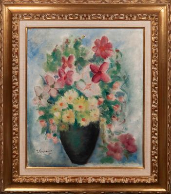 une peinture à l'huile représentant un vase de fleurs sur une table