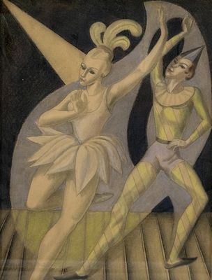 painting of a couple of dancers performing in a stage setting