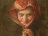 an image of a painting of a young girl wearing a red scarf