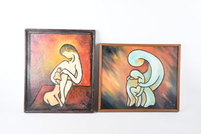 deux tableaux représentant une femme et un chat sur un mur blanc