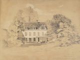 an old drawing of a house in the middle of a field