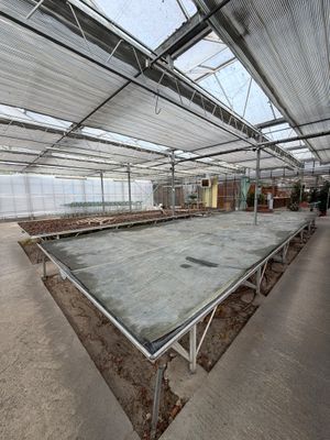 a concrete floor inside of a large greenhouse