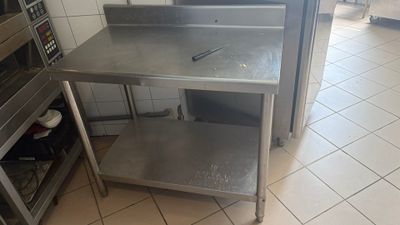 a stainless steel work table in a commercial kitchen