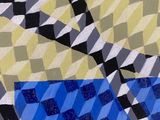 abstract painting of blue and yellow shapes on a yellow background