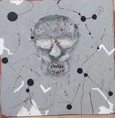 a painting of a skull on a wooden surface