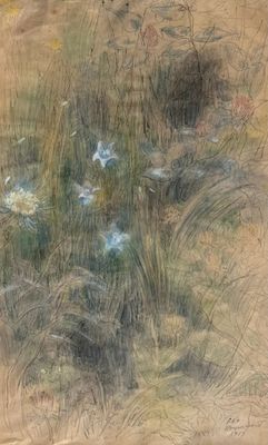 an image of a painting of flowers in a field of grass