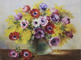 painting of a vase of flowers on a table next to a bunch of yellow and purple flowers