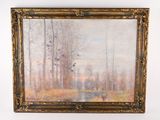 une peinture à l'huile d'un paysage avec des arbres dans un cadre doré