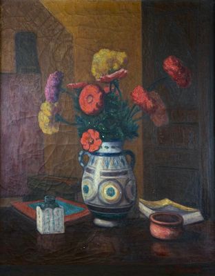 a painting of flowers in a vase on a table
