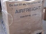 a cardboard box on a pallet with a sign on it