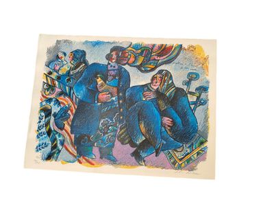 a picture of a painting of a group of people riding on elephants