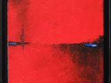 a painting of a red sky with a boat in the distance