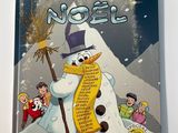 a book with a picture of a snowman holding a scroll