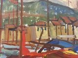 an oil painting of boats docked in a harbor with a mountain in the background