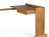 a close up of a wooden desk with a drawer underneath it