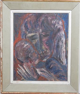 painting of a man and a woman in a frame with a red background