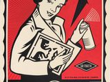 a poster with a woman holding a can and a spray can