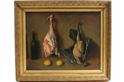 tableau représentant une nature morte composée d'un poulet, de citrons et d'une bouteille de vin