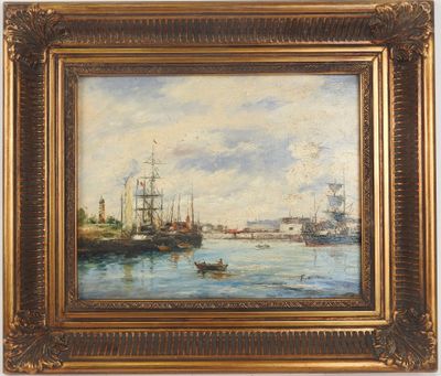 une peinture à l'huile représentant une scène portuaire avec des bateaux dans l'eau