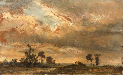 une image représentant un tableau montrant un ciel nuageux avec des arbres au premier plan