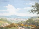 une peinture représentant une vue d'une ville depuis une colline