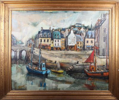 une peinture de bateaux dans un port avec des bâtiments à l'arrière-plan