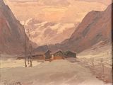 une peinture à l'huile représentant un paysage de montagne avec une cabane au premier plan
