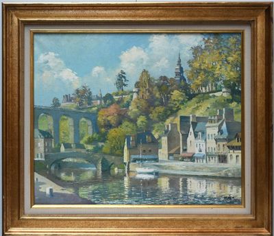 an oil painting of a river scene with a bridge in the background