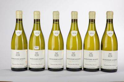 six bottles of white wine are lined up on a table