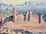an oil painting of a desert scene with a mountain in the background
