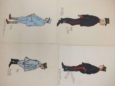 Quatre dessins représentant des hommes en uniforme sont représentés sur une feuille de papier
