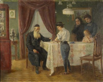 tableau représentant deux hommes assis à une table dans une pièce où se trouve un groupe de personnes