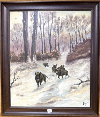 une peinture à l'huile représentant un groupe de sangliers dans une forêt enneigée