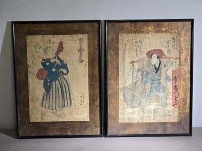 deux tableaux asiatiques encadrés représentant une femme et un homme en kimono